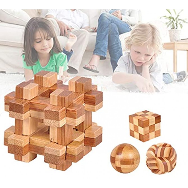 Vankcp Brain Teaser Puzzle Mind Puzzles Game Toys Set Bamboo 3D Magic Ball Brain Teaser Toy Puzzles Metal Unlock Interlock Game for Teens and Adults