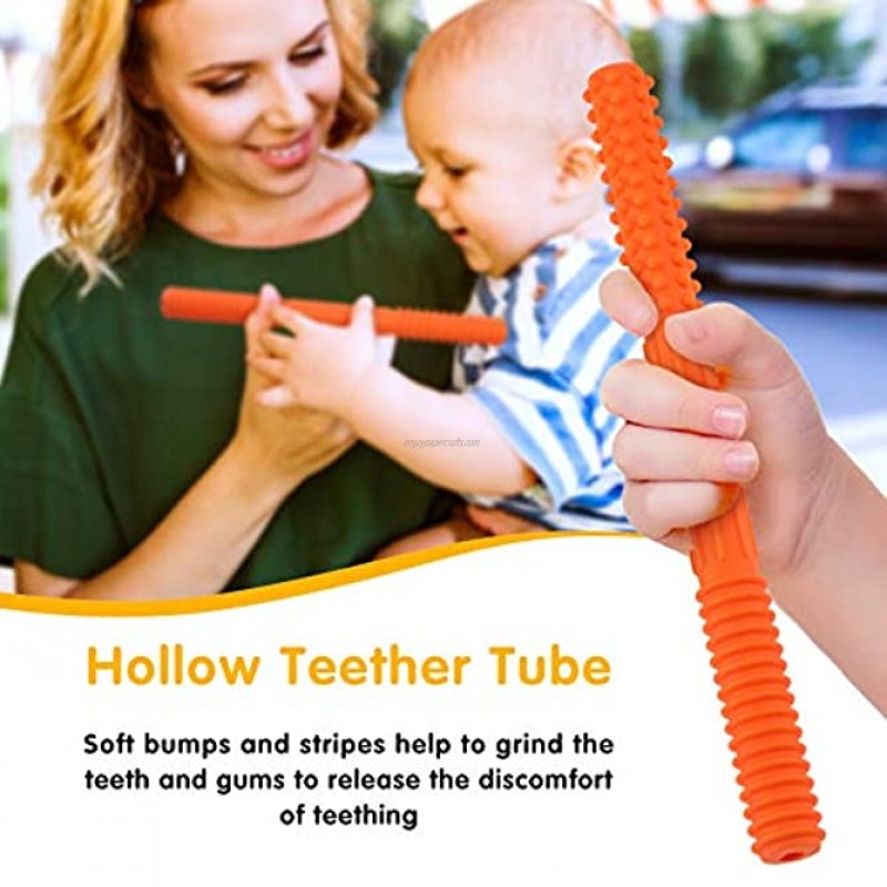 5 Pieces Teether Tube Silicone Hollow Teether Pipes with Brush for Babies Over 3 Years Old Sensory Exploration and Teething Relief for Infant Toddlers