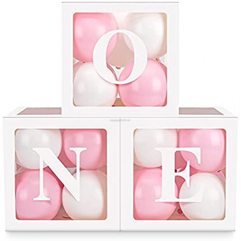 Baby Girl First Birthday Party Decorations 'ONE' Letters Individual Three White Transparent Square Boxes with 24 Balloons Decor for 1 Year Old Baby Birthday Party Decor Backdrop Favors