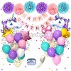 Unicorn Birthday Decorations for Girls 27.6'' Big Foil Unicorn Balloons 18'' 12'' Confetti Purple Aqua Blue Pink Balloons with Happy Birthday Banner Paper Pom Poms for Unicorn Birthday Party Supplies