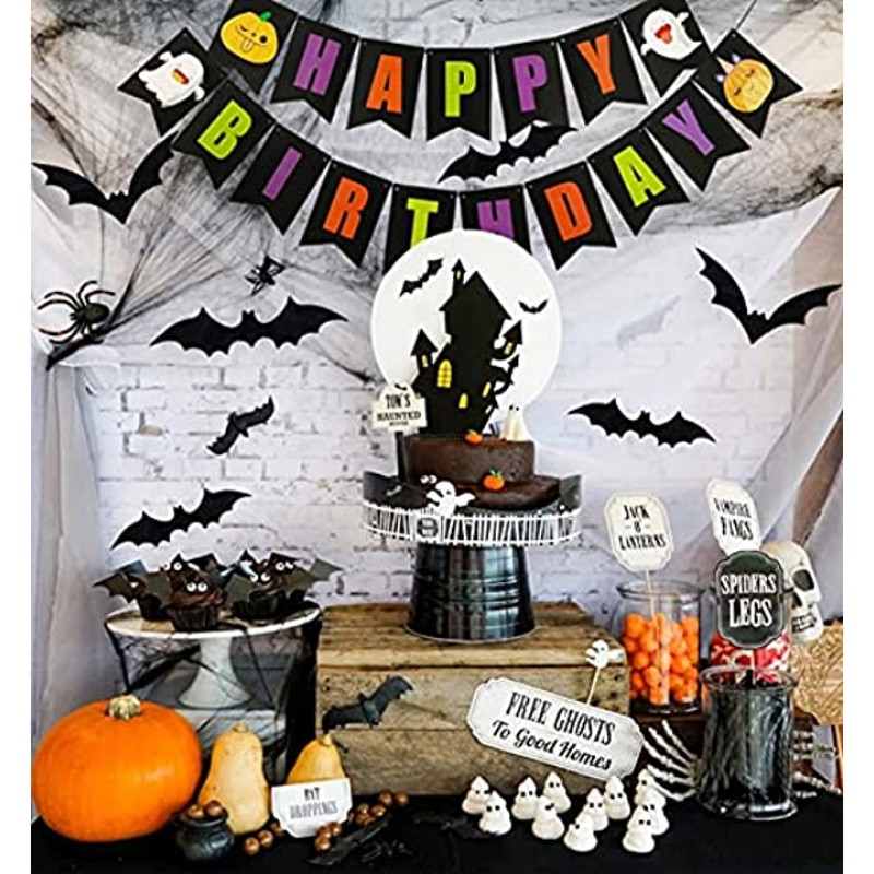 Halloween Birthday Party Decoration Kit Black Happy Birthday Banner and 12pcs PVC Bat Stickers for Halloween Themed Birthday Party Decorations