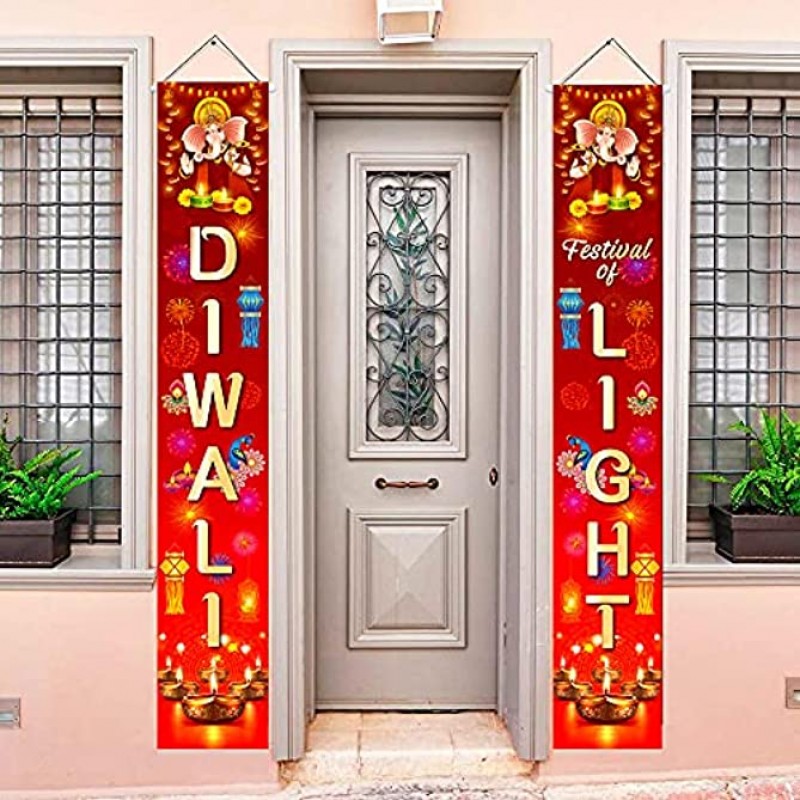 Happy Diwali Hanging Banner Porch Sign Decorations Festival of Light Party Decoration Supplies Diwali Hanging Door Banner ndoor Outdoor Wall Decor Supplies