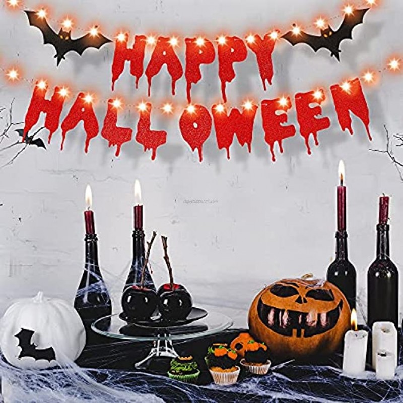 Happy Halloween Decoration Banner Red Glittery Scary Bloody Halloween Banner with 8 Modes LED String Lights and Bats for Horror Theme Halloween Kids Party Supplies