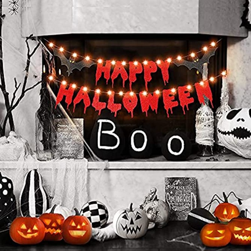 Happy Halloween Decoration Banner Red Glittery Scary Bloody Halloween Banner with 8 Modes LED String Lights and Bats for Horror Theme Halloween Kids Party Supplies