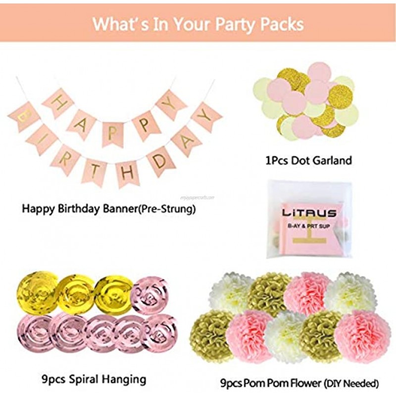LITAUS Birthday Decorations Pink and Gold Happy Birthday Decoration for Women Happy Birthday Banner Hanging Swirls Paper Garland for Baby Shower Birthday Party Girls Birthday Party Decorations