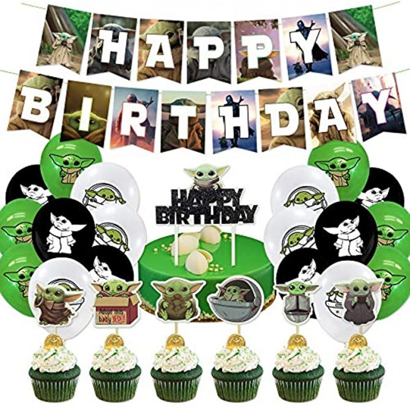 Baby Yoda Party Decorations 44PCS the Mandalorian Birthday Gifts for Movie Fans 18 Pack Balloons 1 Pack Banner 24 Pack Small Cake Toppers 1 Big Cake Toppers Kids Party Supplies