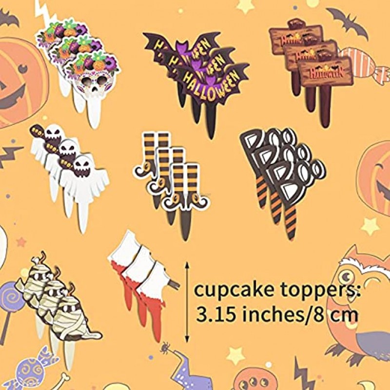 48 Pieces Halloween Cupcake Decorations Cupcake Toppers Cupcake Wrappers Kit Cake Topper Halloween Picks with Bat Specter Mummy Skull for Halloween Theme Birthday Party