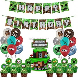 Pixel Miner party supplies Pack Includes Pixels Miner Banner Cake Topper 24 Cupcake Toppers 14 Balloons for Pixel Miner party decoration