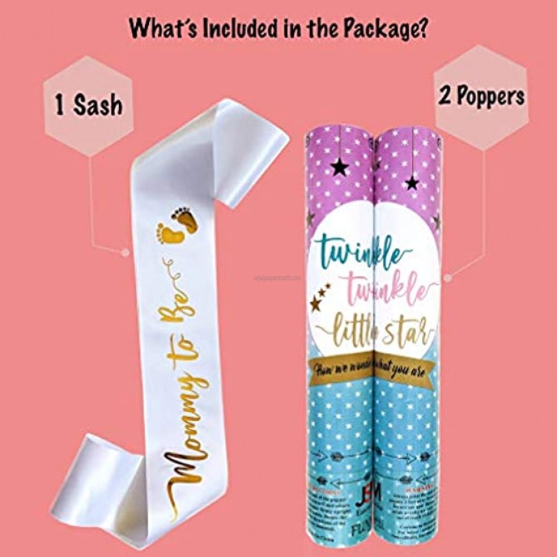 Gender Reveal Pink or Blue Confetti Poppers | Mommy to Be Sash in Satin White with Gold Letters | Themed Party: Twinkle Twinkle Little Star Blue Set of 2