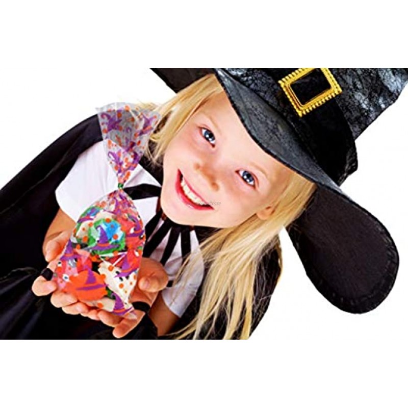 DIYASY 150 Pcs Halloween Cellophane Treat Bags,Candy Bags Bats Pumpkin and Witch Halloween Goody Bags with 300 Twist Ties for Kids Halloween Party Favor