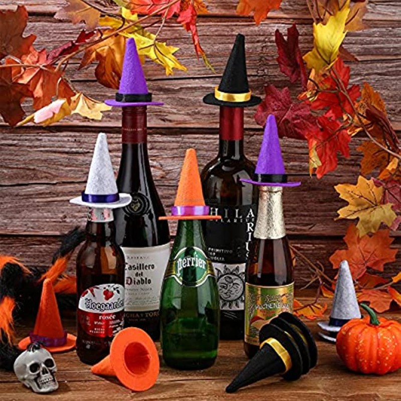 16 Pieces Halloween Mini Witch Hats Party Hat Bottle Hats Mini Top Hat Wine Bottle Toppers with Ribbon for Party Table Decoration Halloween Party Favor 8 x 7 cm 3.1 x 2.8 Inches