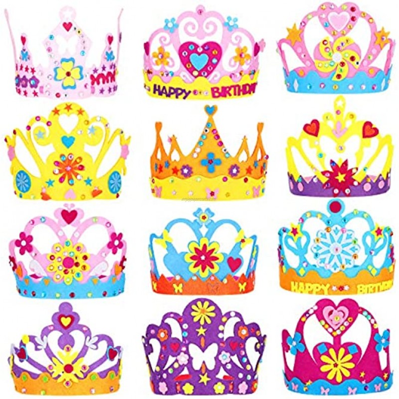 WILLBOND 12 Pieces Foam Princess Tiaras Craft Kit Girl King Crowns Craft Kit Kids Making Your Own Tiaras DIY Party Crown Hat with Rhinestone Stickers Princess Party Favors