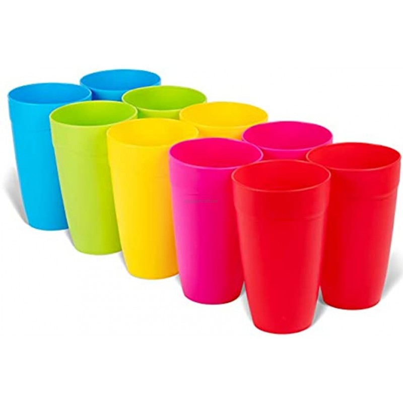 Plaskidy Reusable Plastic Cups Set of 10 Kids Cups 15 oz Plastic Cups for Kids BPA Free Cups Dishwasher Safe Cups Assorted Colored Cups Great Kids Drinking Cups