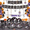 Decorlife Halloween Party Supplies Serves 16 Halloween Party Decorations Total 168 PCS Includes Plates and Napkins Popcorn Boxes Tablecloth Pre-strung Banner Hanging Swirls
