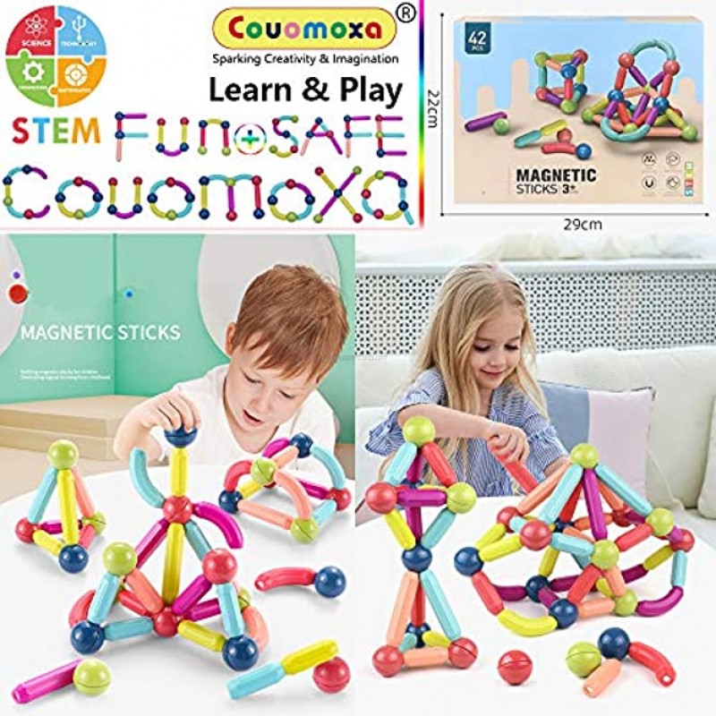 COUOMOXA 42 Pieces Magnetic Building Sticks Blocks Toy Stem Educational Construction Toys 3D Magnet Building Puzzle Toys Gift for Kids and Toddler
