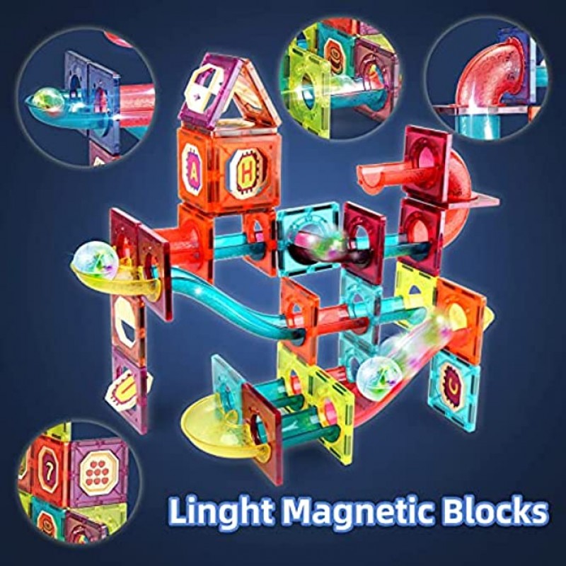 Lubeey Magnetic Tiles Blocks Gifts for Kids Glowing Balls 3D Magnetic Building Blocks with Race Tracks and Marble Run 83 PCS