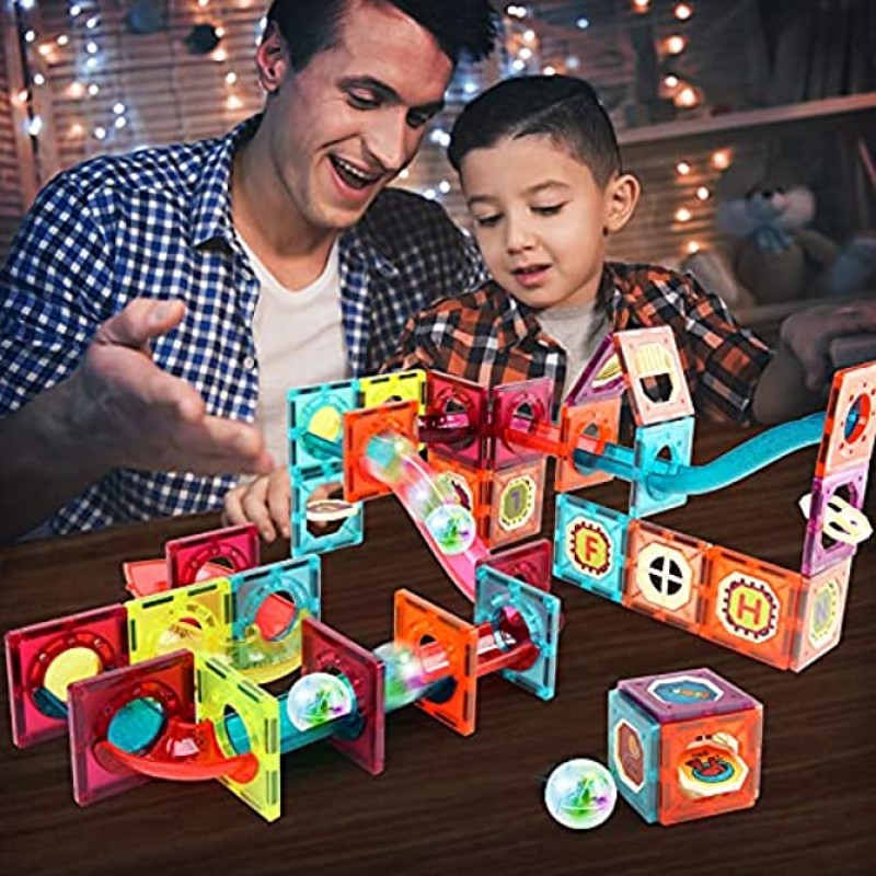 Lubeey Magnetic Tiles Blocks Gifts for Kids Glowing Balls 3D Magnetic Building Blocks with Race Tracks and Marble Run 83 PCS