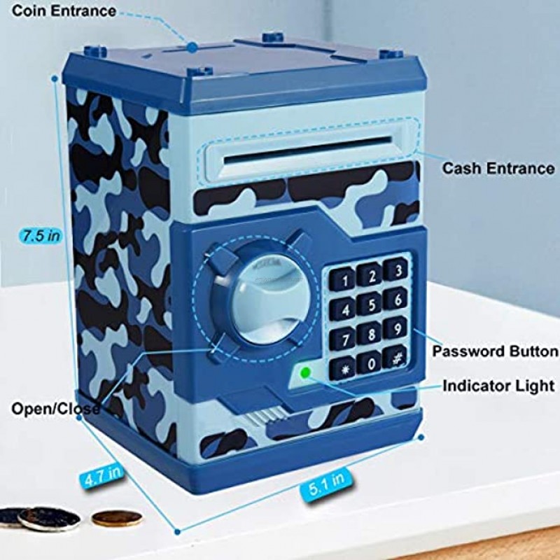 Yoego Kids Money Bank Electronic Piggy Banks Great Gift Toy for Kids Children Auto Scroll Paper Money Saving Box Password Coin Bank,Perfect Toy Gifts for Boys Girls Blue Camo