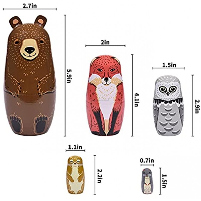 HYSIGUAN Russian Nesting Doll Wooden Toys Nesting Animal Toys 5-Pieces for Kids Toddlers Christmas Birthday Mother's Day Decoration Gift