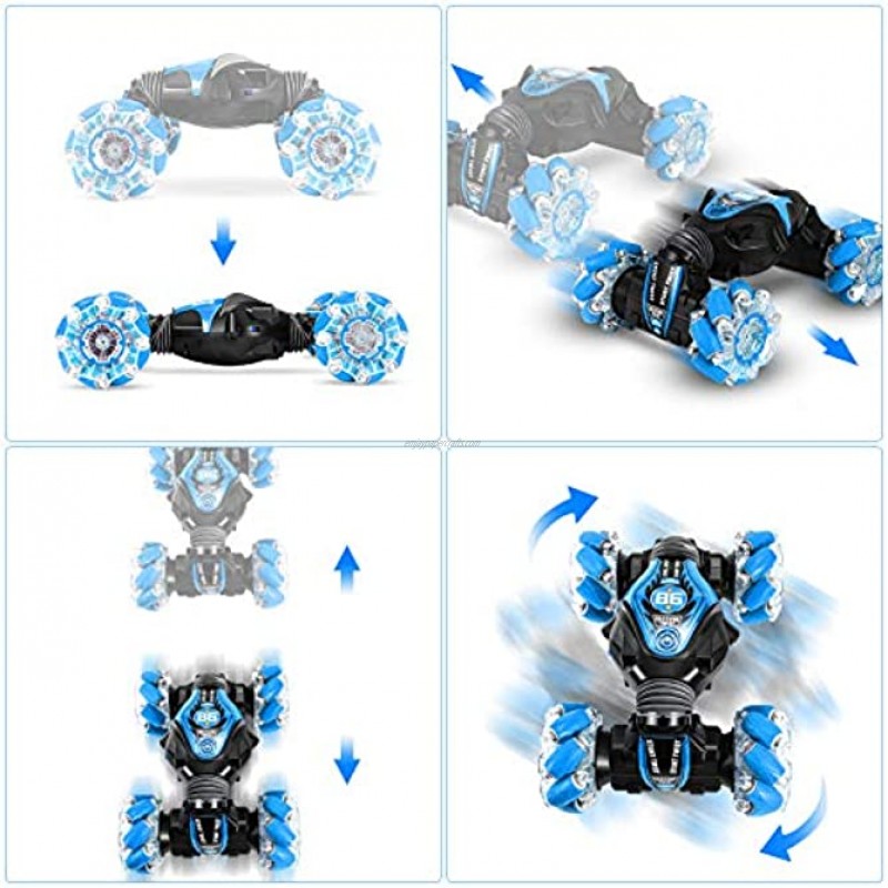 Gesture Sensing RC Stunt Car Remote Control Toy Cars 4WD 2.4GHz Double Sided Rotating Off Road Vehicle 360° Flips with Lights Music,Toy Cars for Boys Birthday Blue