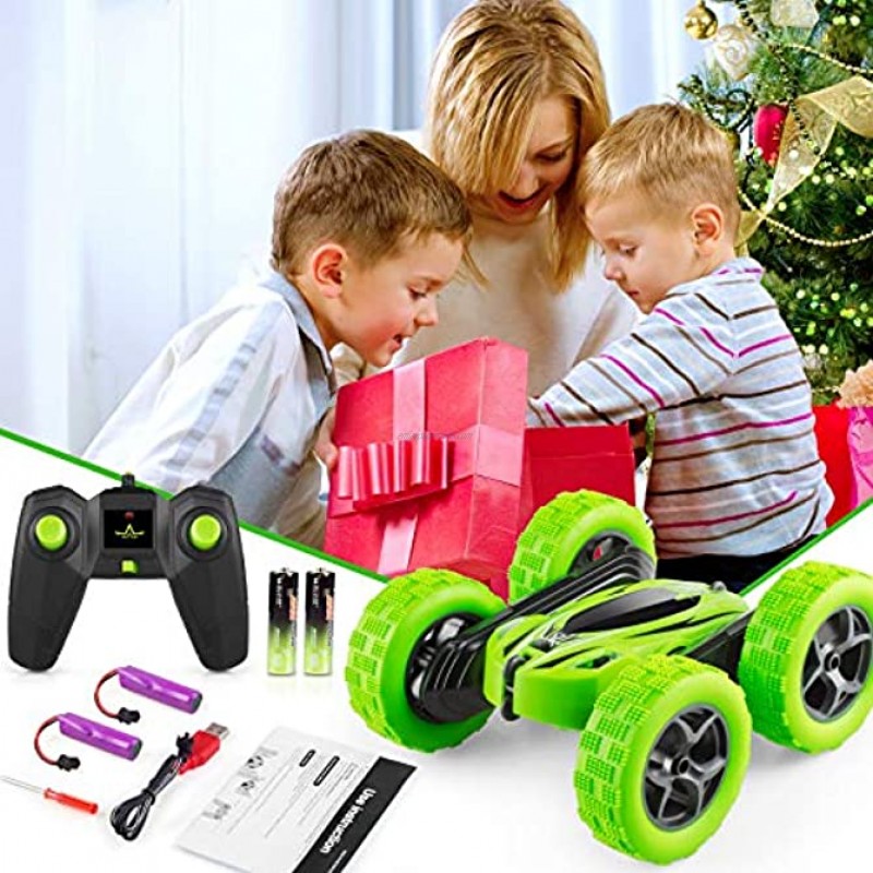 Remote Control Car ORRENTE RC Cars Stunt Car Toy 4WD 2.4Ghz Double Sided 360° Rotating RC Car with Headlights Kids Xmas Toy Cars for Boys Girls Green