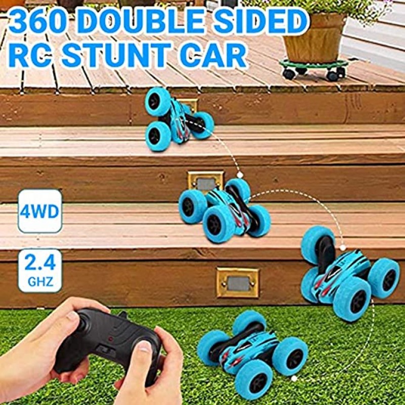 Remote Control Car RC Cars Stunt Car Toy 4WD 2.4Ghz Double Sided 360° Rotating RC Car with Headlights Remote Control car for Girls Boys 3-5 Blue