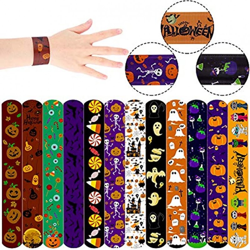 Elcoho 60 Pieces Halloween Designs Snap Bracelets Craft Halloween Party Slap Bracelets Wristbands Toys for Halloween Party Favors