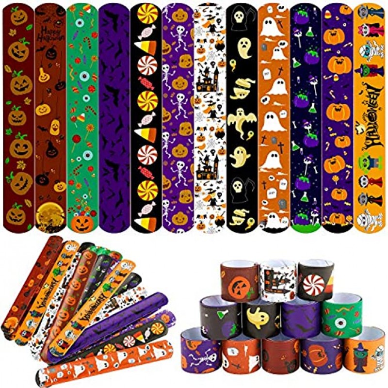 Elcoho 60 Pieces Halloween Designs Snap Bracelets Craft Halloween Party Slap Bracelets Wristbands Toys for Halloween Party Favors