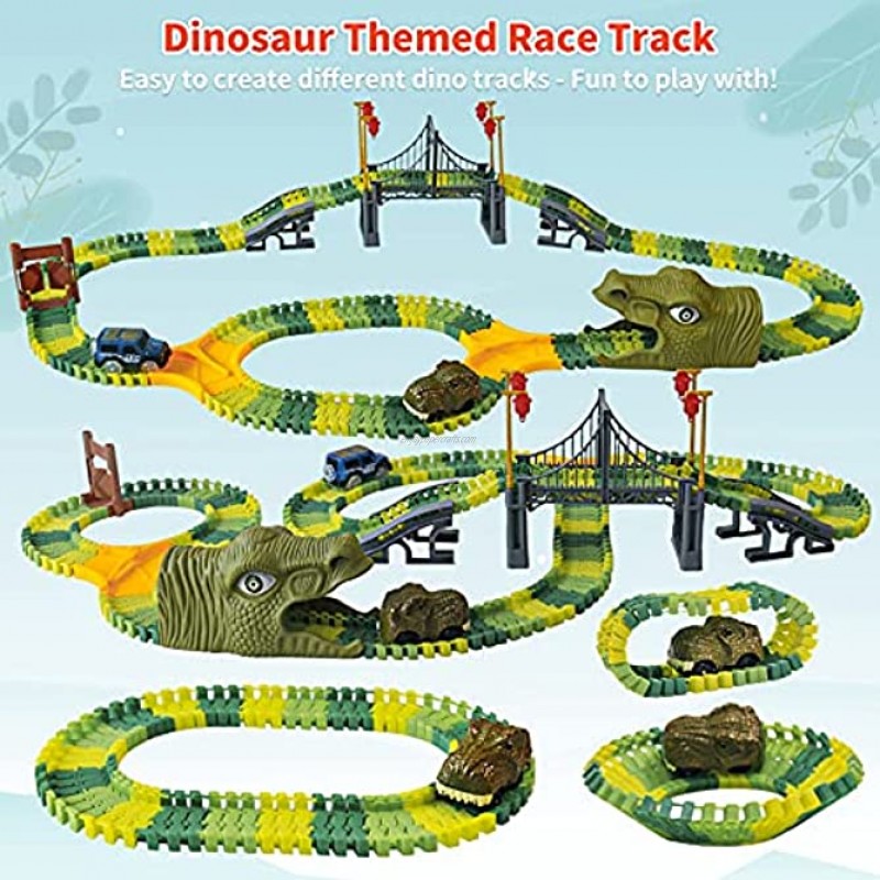 Dinosaur World Race Track Toys 216pcs Flexible Track Playset with 1 Dinosaur Car 1 Race Car 6 Dino Toys for Kids 3 4 5 6 Year & Up Old Boys and Girls